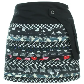 Reversible Popper Wrap Mini Skirt - Black Patch Strips / Kaleidoscope