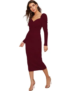 rosery paris Women's MIDI Bodycon Dress One Piece Dress for Women (Maroon, Medium)