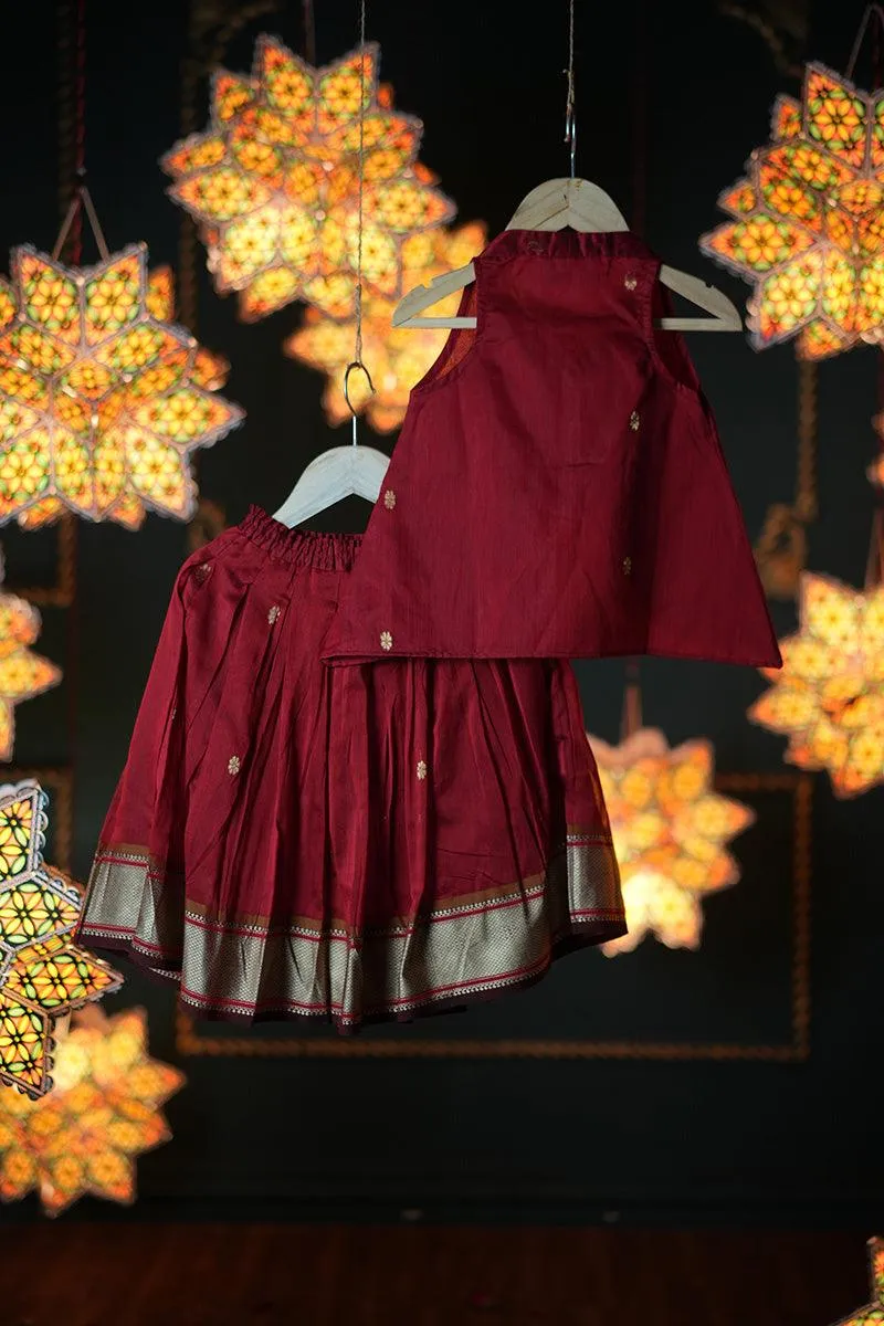 Rukmini girls ethnic wear top and pleated lehenga skirt coord in maroon handwoven cotton silk