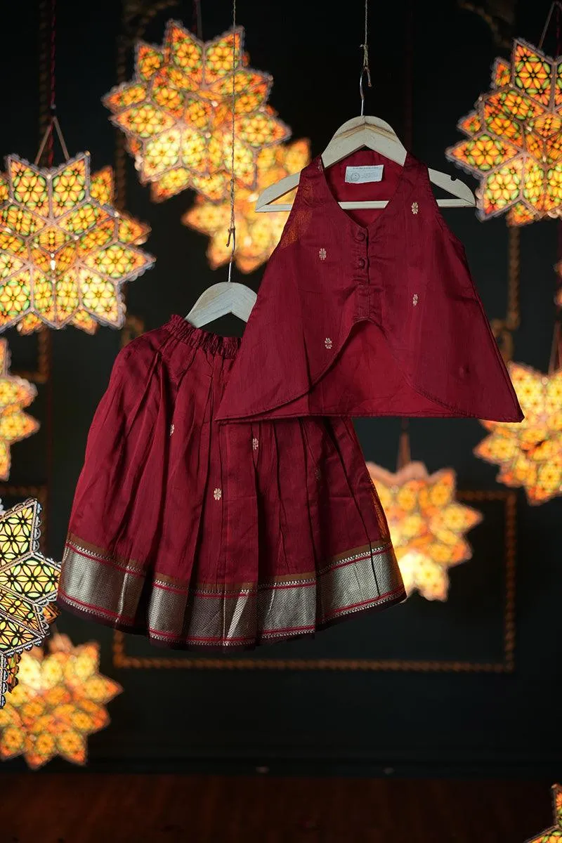 Rukmini girls ethnic wear top and pleated lehenga skirt coord in maroon handwoven cotton silk