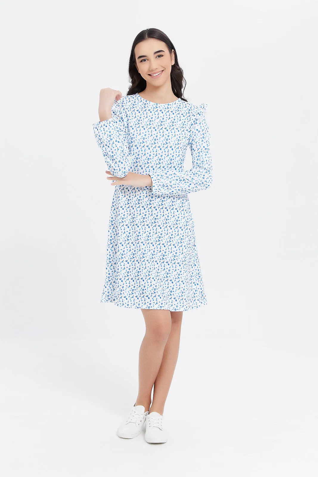 Senior Girls White And Blue Floral Ditsy Print Dress
