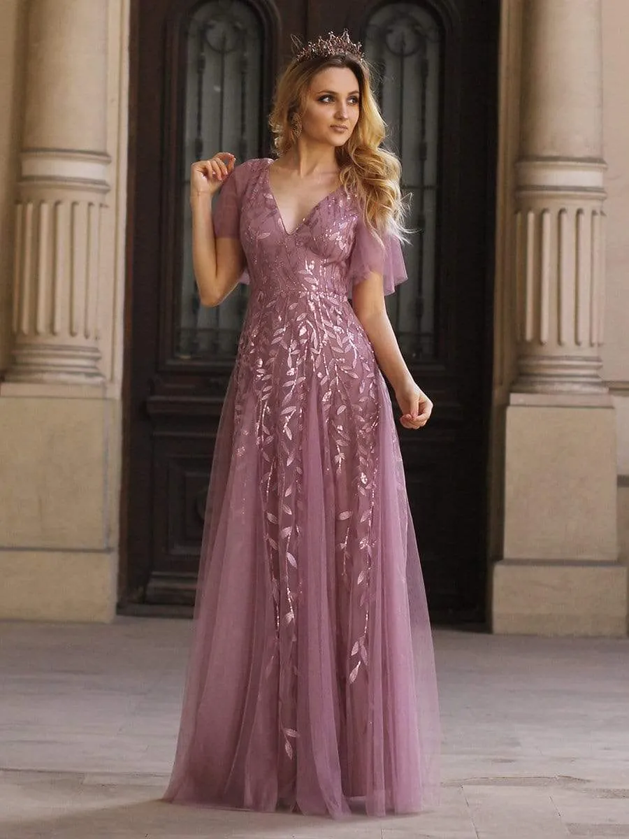 Shimmery V Neck Ruffle Sleeves Sequin Maxi Long Evening Gowns