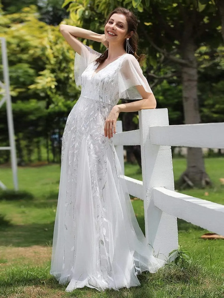 Shimmery V Neck Ruffle Sleeves Sequin Maxi Long Evening Gowns