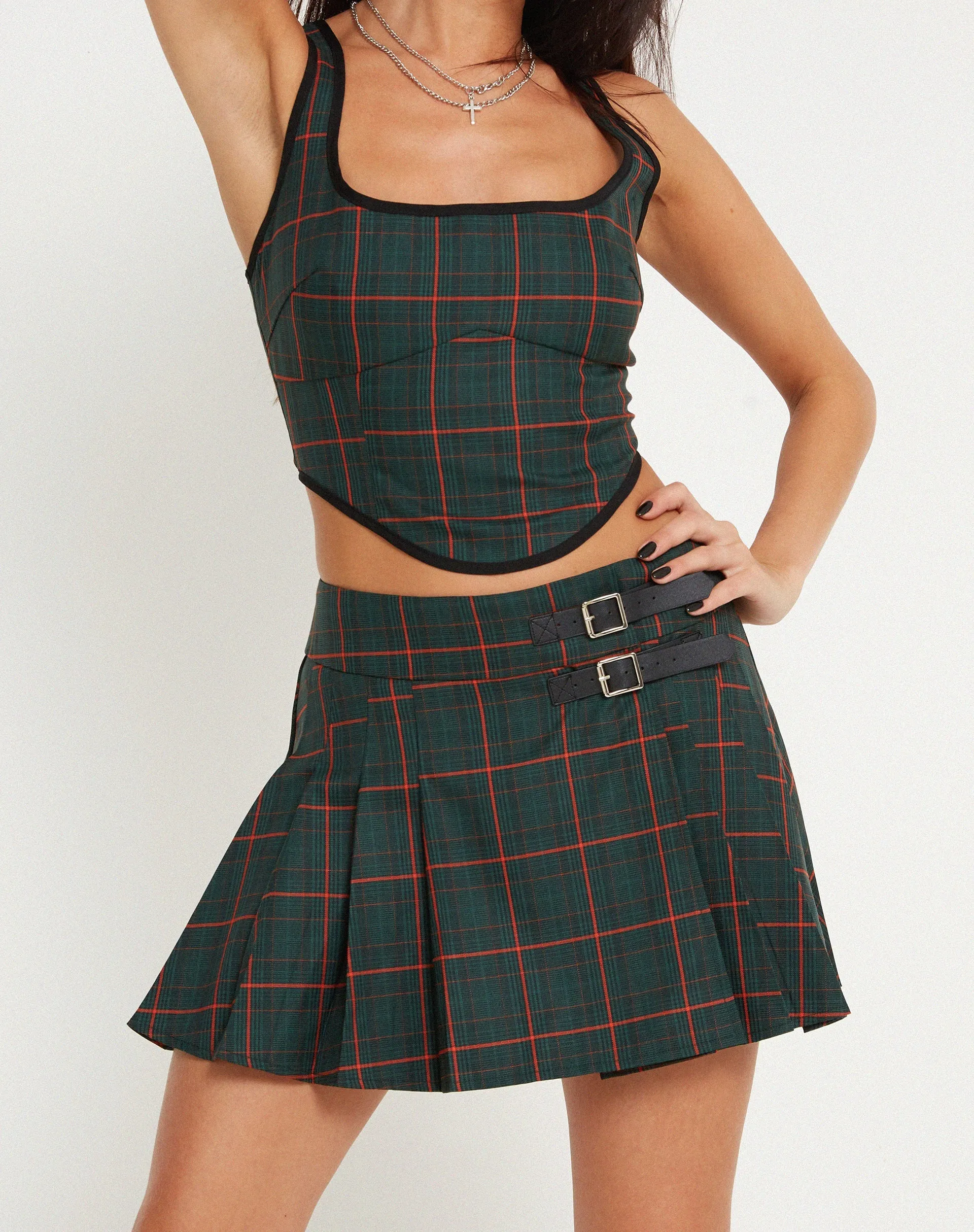 Skirza Pleated Mini Skirt in Tailoring Tartan Green