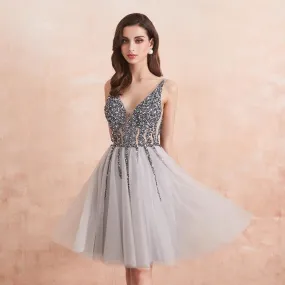 Sparkle Crystal Beaded Short Gray Cocktail / Homecoming Dresses