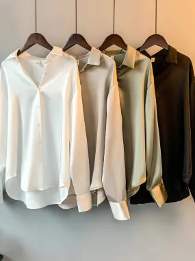 Top Long Sleeve Shirt Overshirt Satin Womens Clothing Elegant Luxury Designer Blouses