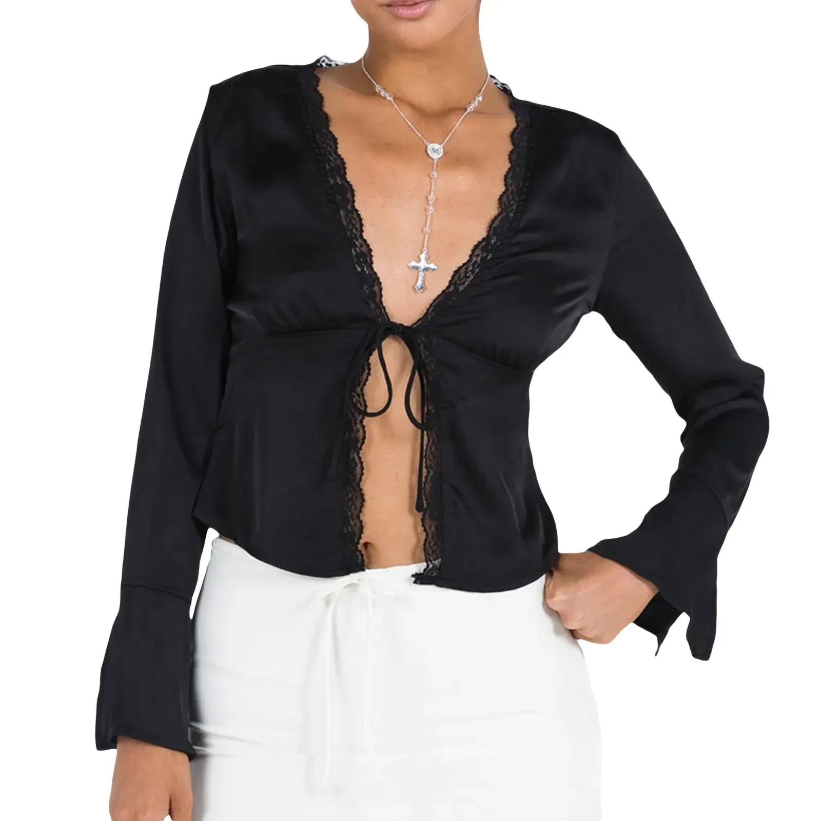 Trim Crop Top Solid Color V Neck Long Sleeve Sexy Basic Slim Fit Satin Streetwear Lace Blouse