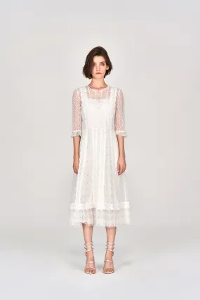 White Mid Sleeves Lace Midi Dress