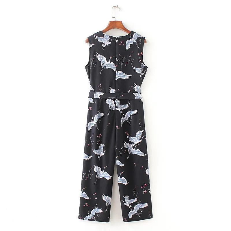 Women cute crane print jumpsuit sashes pockets sleeveless pleated rompers ladies vintage casual jumpsuits KZ1016 (US 4-14)