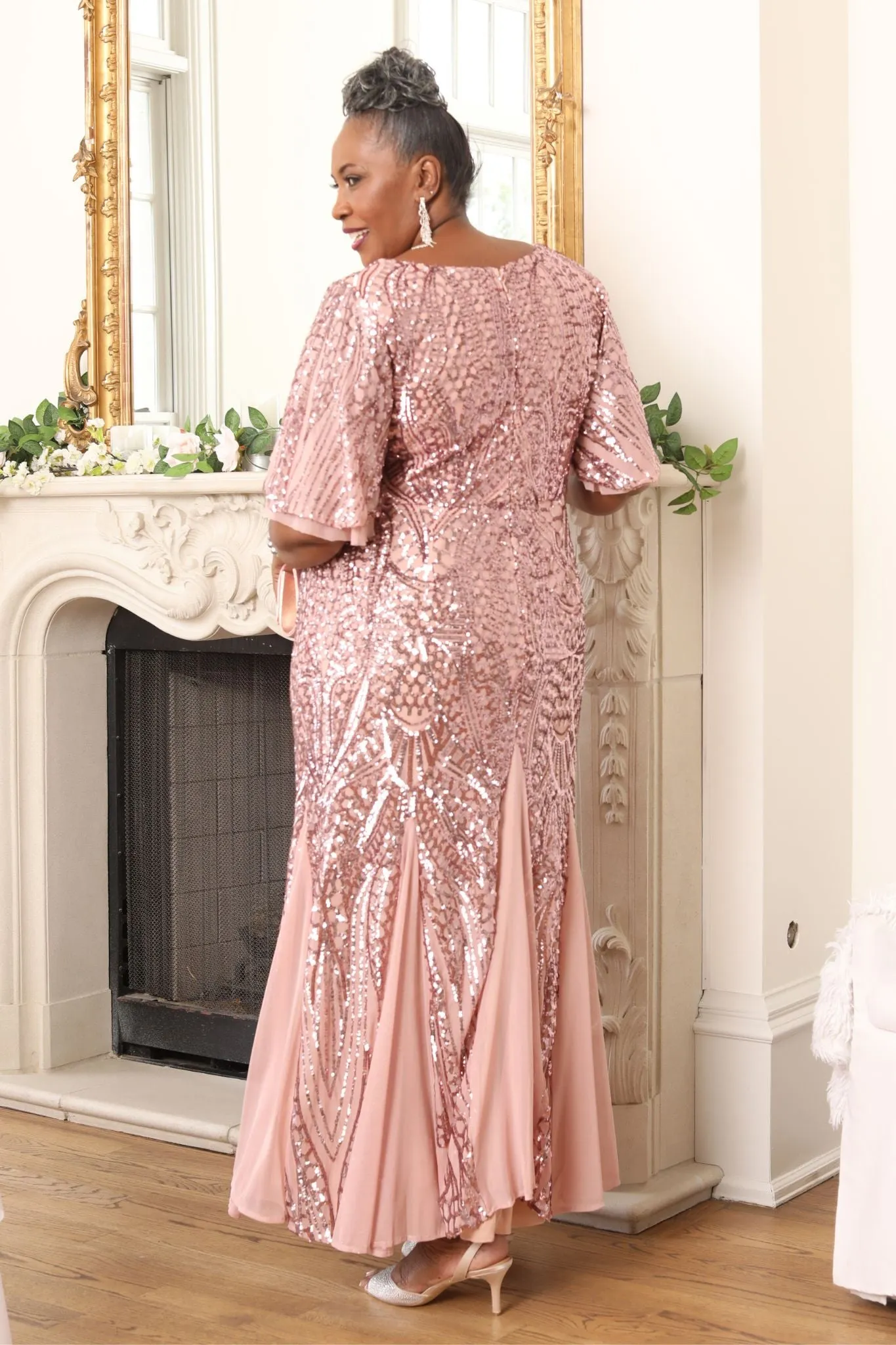 Women Sequin Gown with Flutter Sleeves and Godet Insets