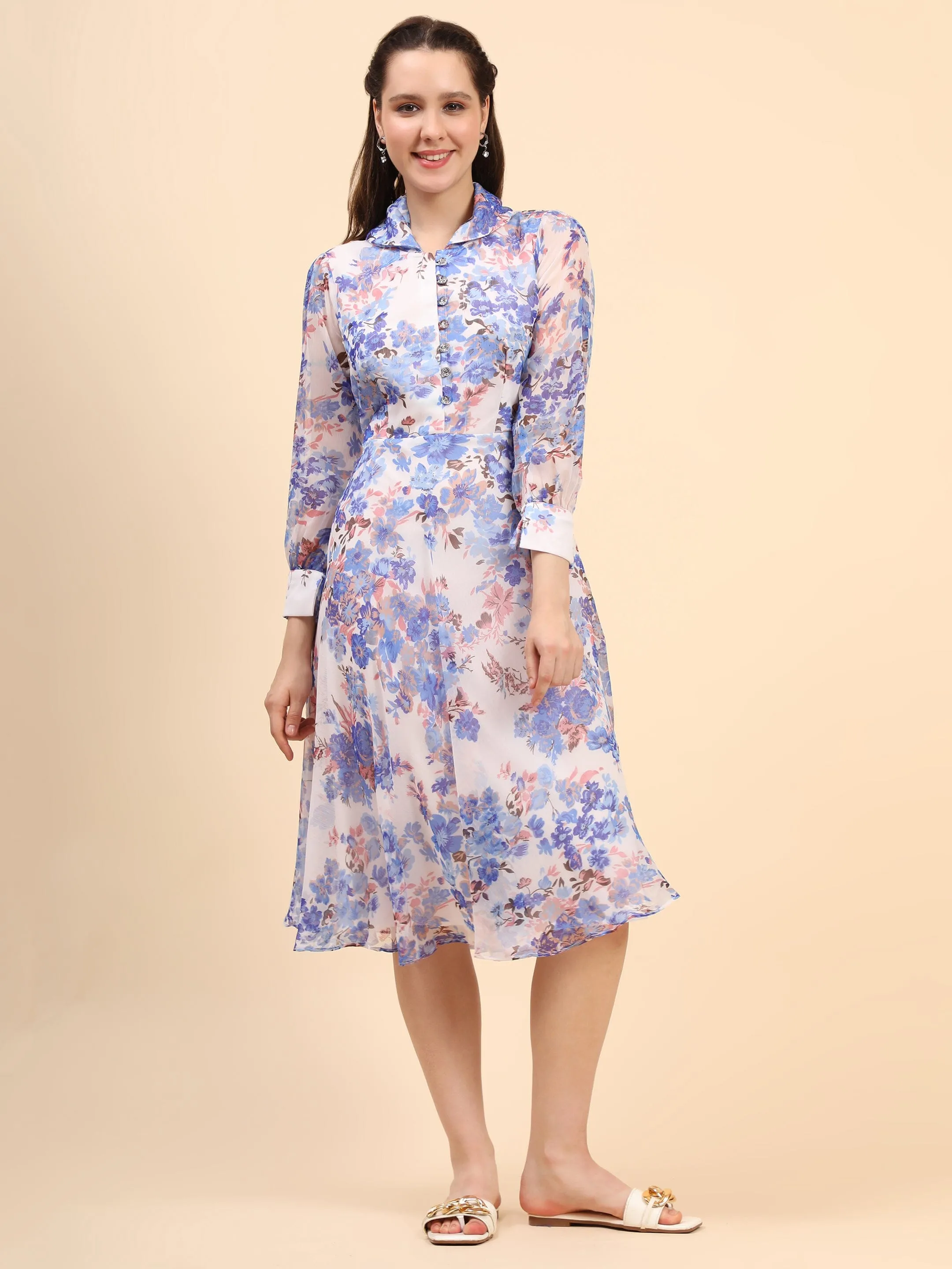 Women's Printed White Chiiffon Casual Midi Dress